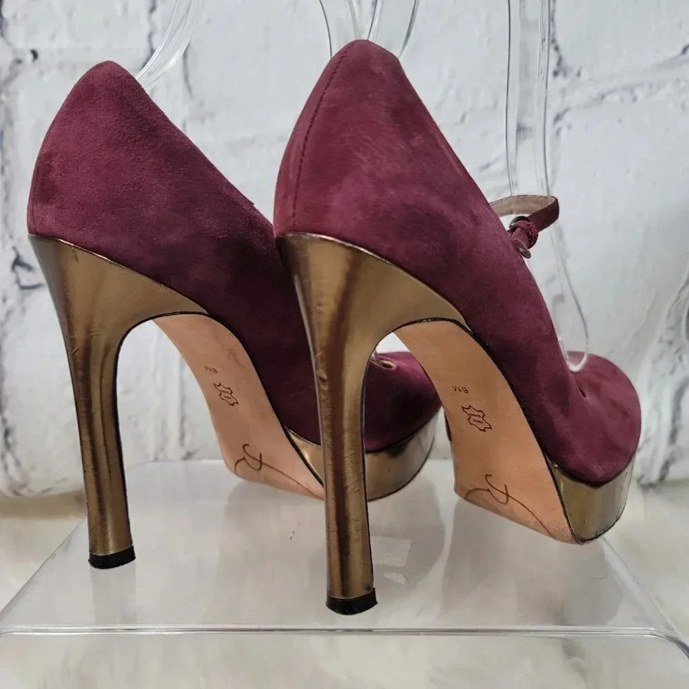Joan & David Daquimberly Mary Jane Purple Gold Pumps Platform Heel Leather Suede - Picture 12 of 15